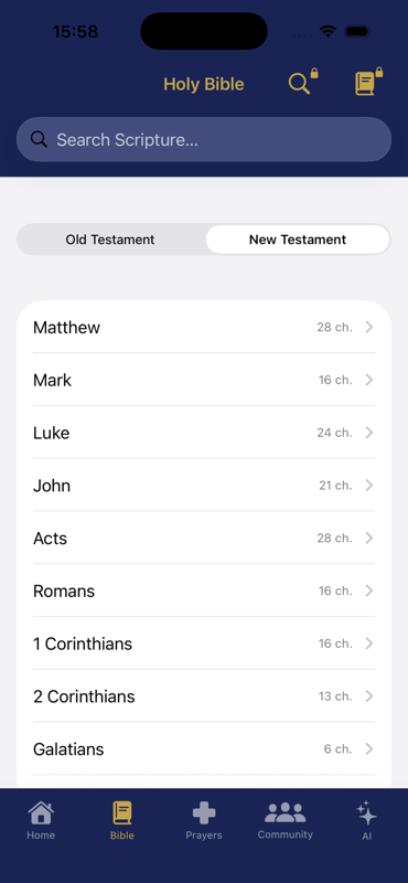 The offline Holy Bible, showing the New Testament book list