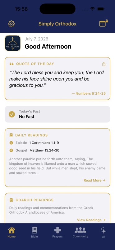 Simply Orthodox home screen — the daily quote, today's fast, and daily readings