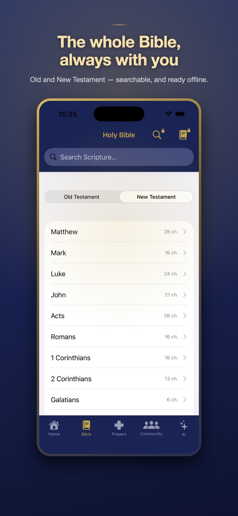 The offline Bible, open at the New Testament book list