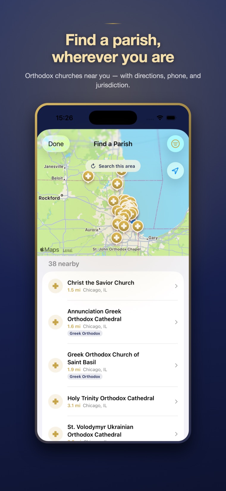 The parish finder, showing Orthodox churches near you on a map