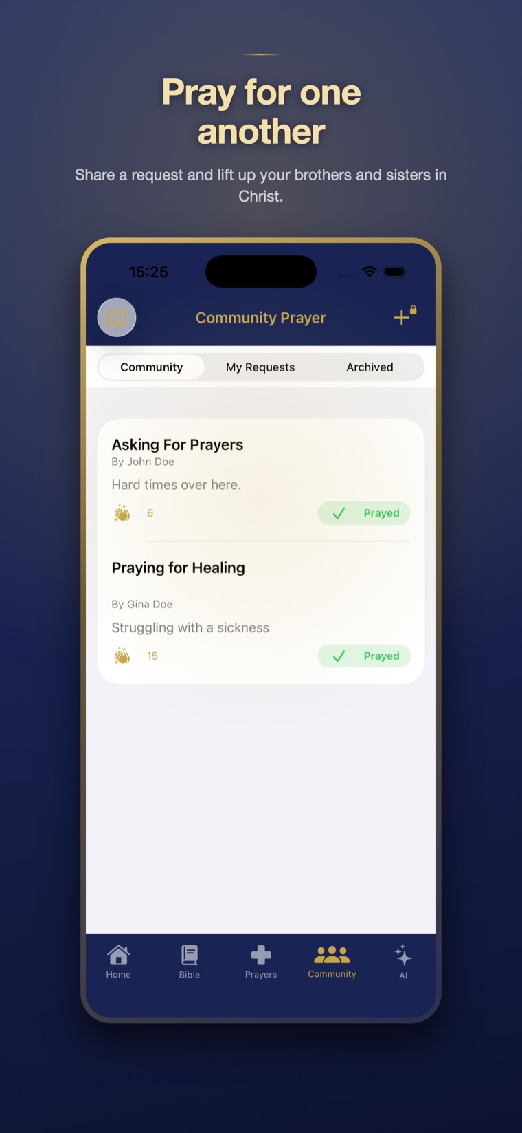 The community prayer board with a shared request