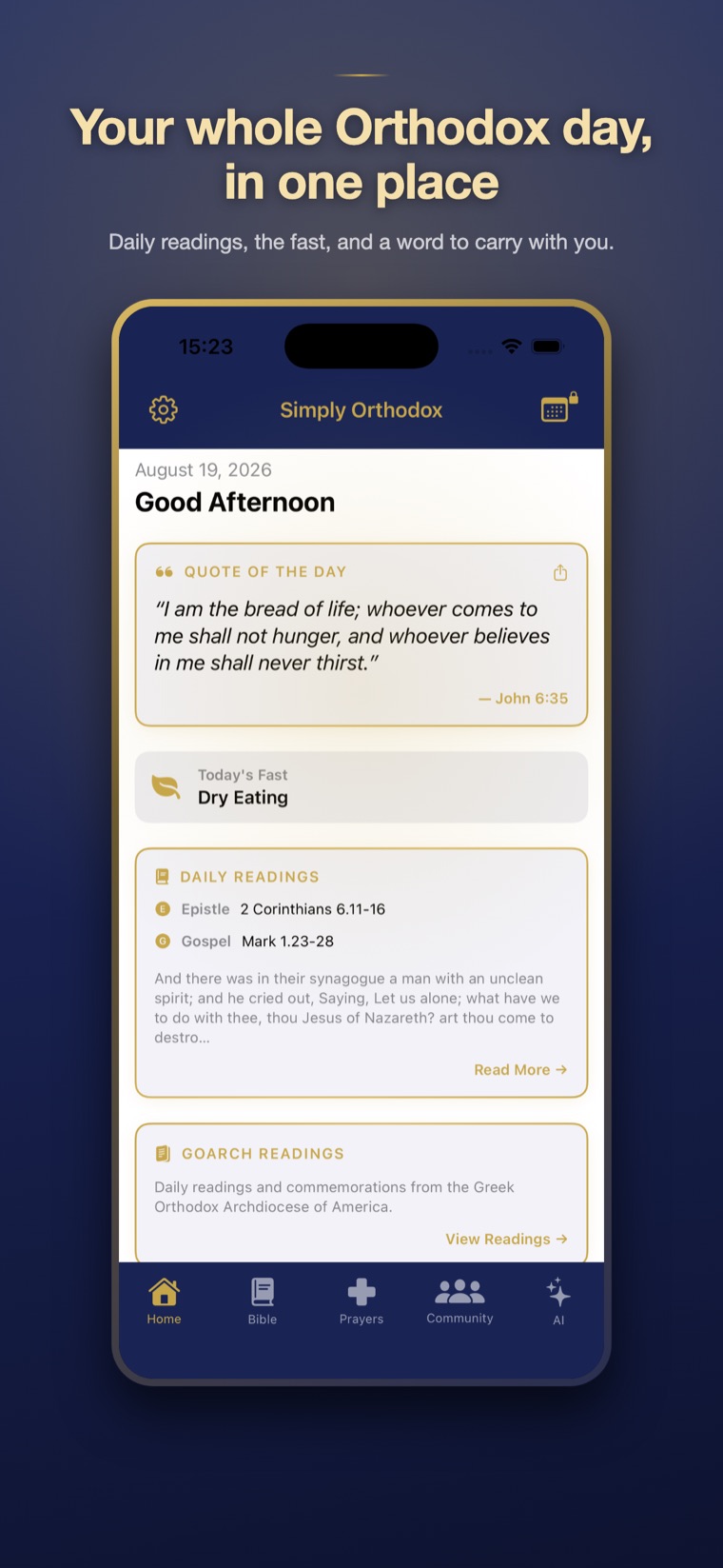 The home screen: today’s readings, the fast, and the saint of the day