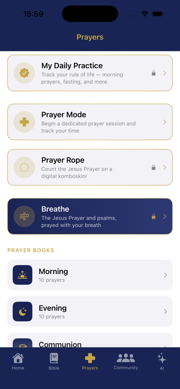 The Prayers screen — daily practice, prayer rope, and prayer books